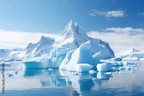 icebergs in the water with a mountain in the background