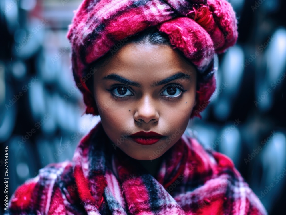 a woman with a scarf on her head a woman with a scarf on her head