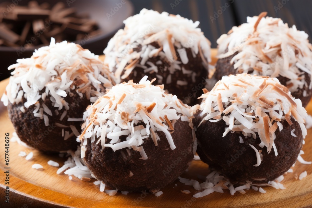 a plate of chocolate balls with coconut flakes a plate of chocolate balls with coconut flakes
