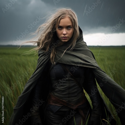 a woman in a black cape in a field of tall grass
