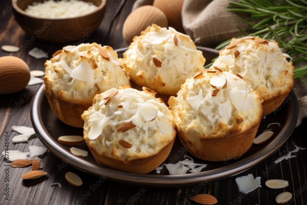 a plate of muffins with white toppings a plate of muffins with white toppings