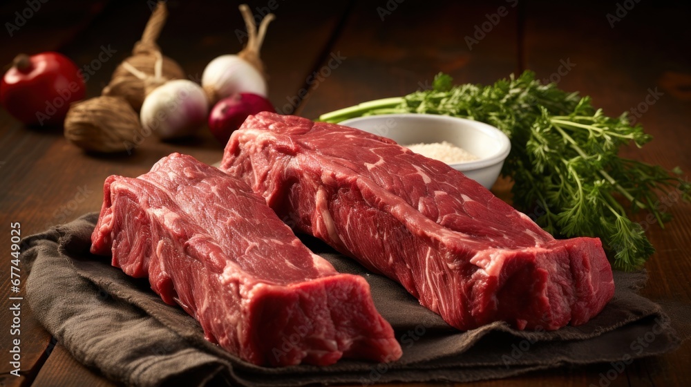 a pair of raw meat on a brown napkin next to a bowl of parsley and garlic