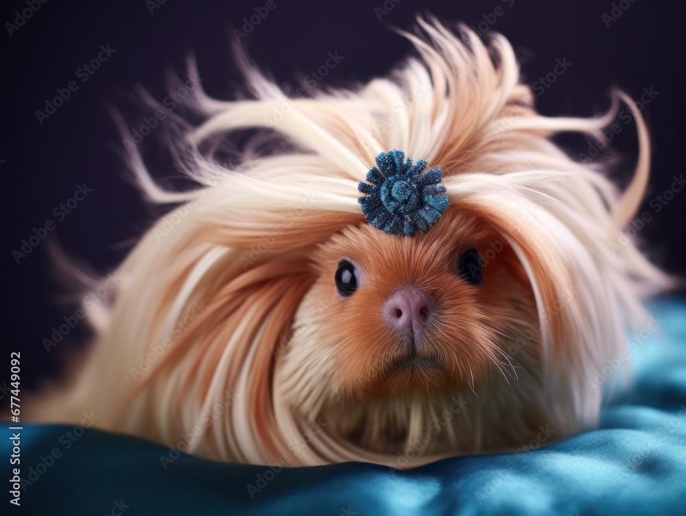 Naklejka premium a guinea pig with a blue flower on its head