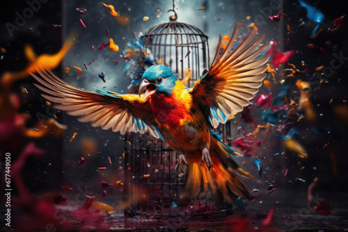 Birds flying out of cage background. Freedom concept. photo