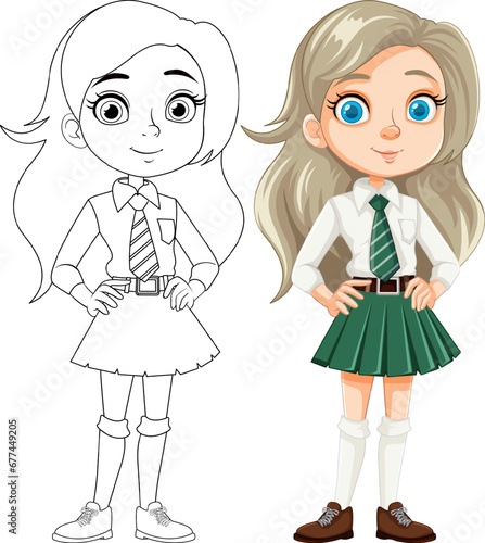 Smiling Teen Girl with Beautiful Long Hair in School Uniform