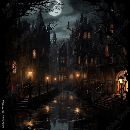 Hunted Village dark and foggy, dark village with heavy fog Halloween concept design for game asset, and halloween background