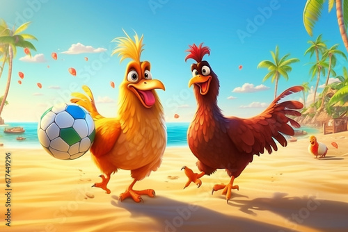 illustration of a Chickens  playing ball on the beach © ha
