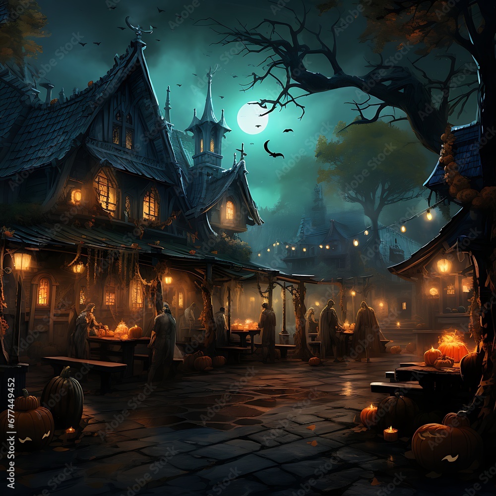 Hunted Village dark and foggy, dark village with heavy fog Halloween concept design for game asset, and halloween background