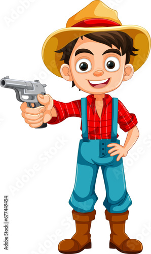 Young Boy in Country Farmer Attire with Gun