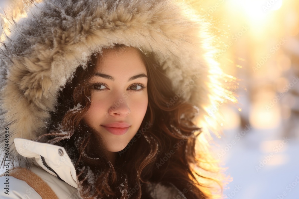 a woman wearing a fur hood a woman wearing a fur hood