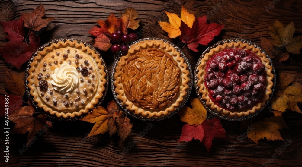 a group of pies with leaves on a wood surface