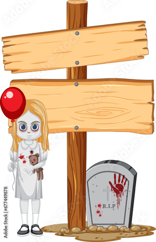 Spooky Ghost Girl with Balloon by Tombstone