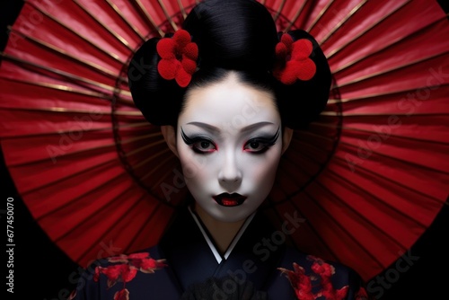 a woman with white face and red makeup and black hair and flowers in her hair