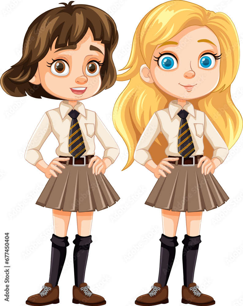 Two Cute Female Friends in School Uniform Cartoon Two Cute Female Friends in School Uniform Cartoon
