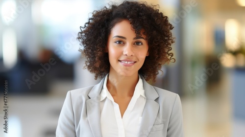 a woman with curly hair wearing a grey suit photo