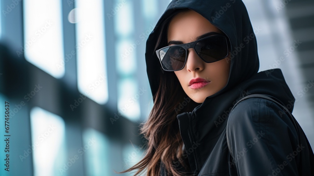 a woman wearing sunglasses and a hood a woman wearing sunglasses and a hood