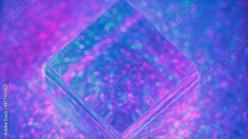 Bokeh lights. Defocused cube glowing. Nightclub decoration. Blur block in fluorescent colorful purple pink green blue shine in neon disco atmosphere abstract background.