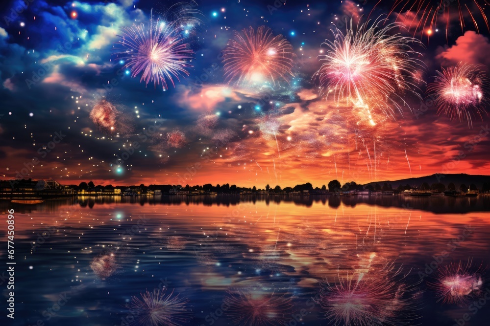 fireworks on the water at sunset. new year festival celebration. - obrazy, fototapety, plakaty 
