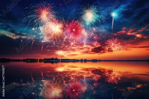 fireworks on the water at sunset. new year festival celebration. © banthita166
