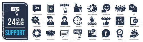Support solid icons collection. Containing customer service, help, help desk, feedback, testimonial etc icons. For website marketing design, logo, app, template, ui, etc. Vector illustration.