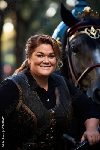 a woman smiling next to a horse