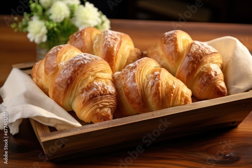 a tray of croissants on a wooden surface