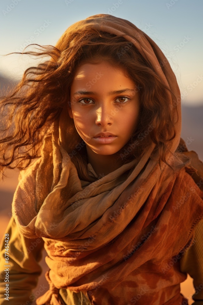 a woman with brown scarf around her head