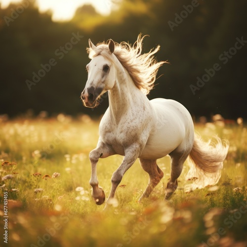 a white horse running in a field