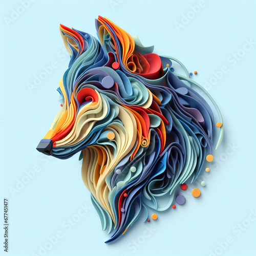 concept of a a wolf, colorful with organic forms, layers assembled, 3D, abstract, on a light blue background