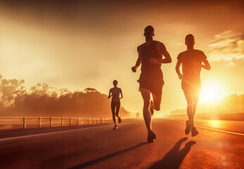 silhouettes of several runners on the road at sunset