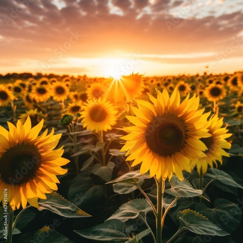 a field of sunflowers with the sun setting in the background © sam