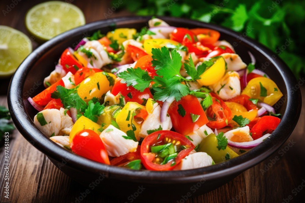 a bowl of food with a lime wedge a bowl of food with a lime wedge