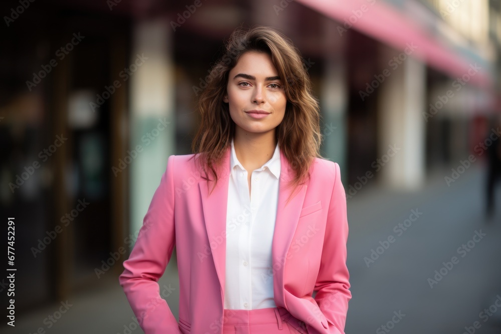 a woman in a pink suit