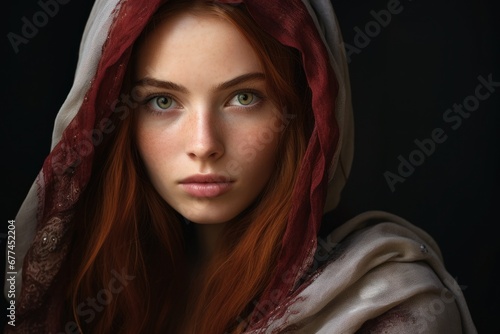 a woman with red hair and green eyes