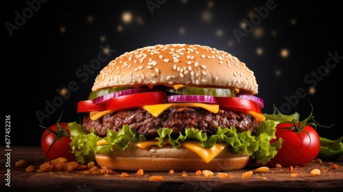 a cheeseburger with lettuce and tomato with Epcot in the background photo