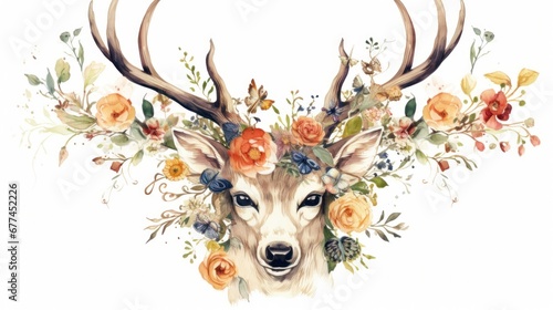a watercolor of a deer with flowers photo