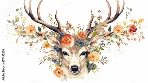 a watercolor of a deer with flowers