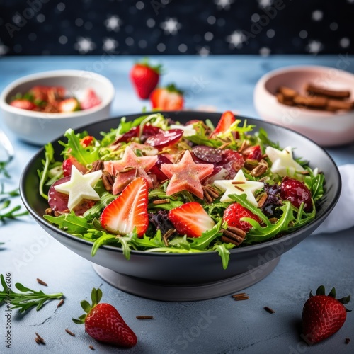 a bowl of salad with strawberries and stars
