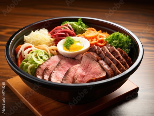a bowl of food on a wood surface