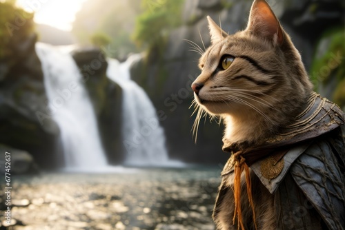 a cat wearing a cape and standing in front of a waterfall