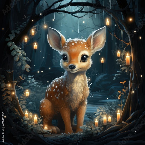 Illustration of a cute deer in a fairy forest.