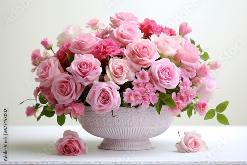 a bowl of pink roses