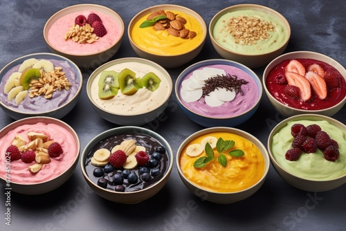 a group of bowls of different colored food