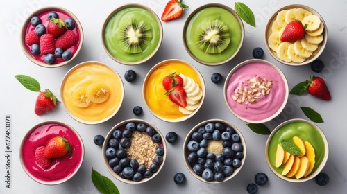 a group of bowls of different colored food
