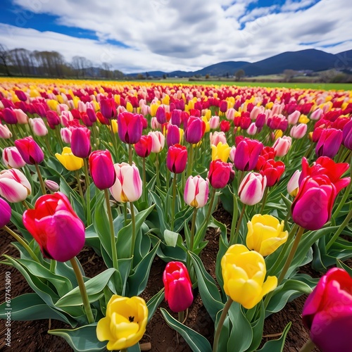 a field of tulips with mountains in the background #677453090