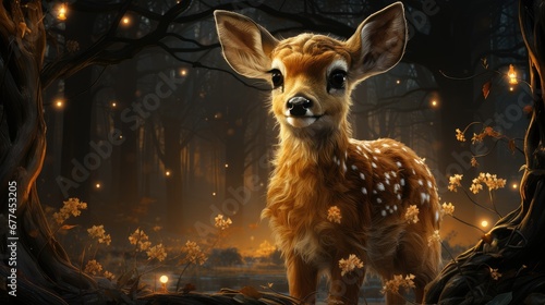 Illustration of a cute deer in a fairy forest.