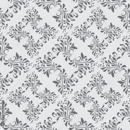 Seamless pattern of classical grey damask with abstract floral designs, suitable for wallpaper.