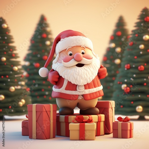 3D illustration of cute Santa Claus celebrating with giftboxes and a Christmas tree in the background.