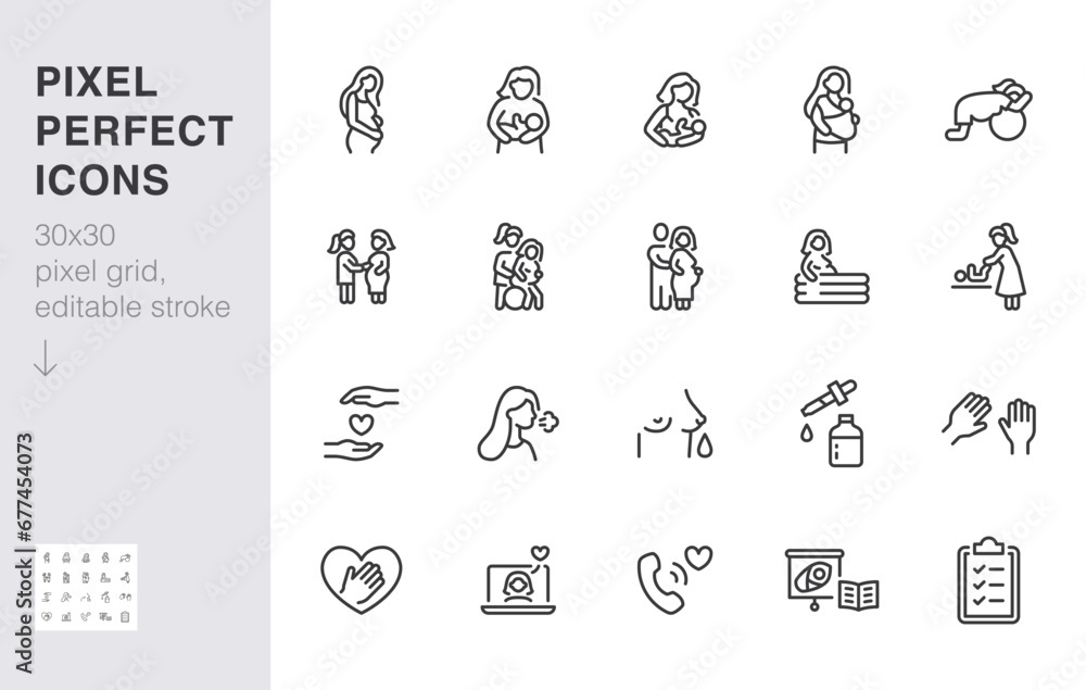 Childbirth line icon set. Woman breastfeeding baby, postpartum support, birth position, pregnant minimal vector illustration. Simple outline sign for doula service 30x30 Pixel Perfect Editable Stroke - obrazy, fototapety, plakaty 