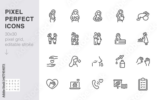Childbirth line icon set. Woman breastfeeding baby, postpartum support, birth position, pregnant minimal vector illustration. Simple outline sign for doula service 30x30 Pixel Perfect Editable Stroke